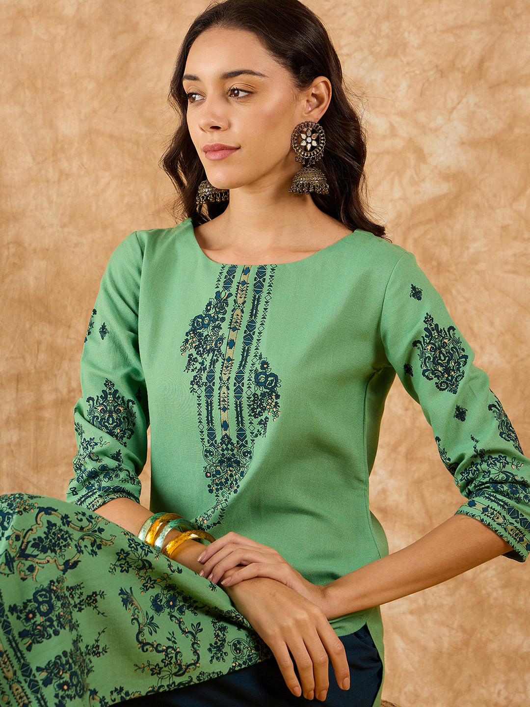 Indo Era Green Foil Printed Straight Kurta With Palazzo Set