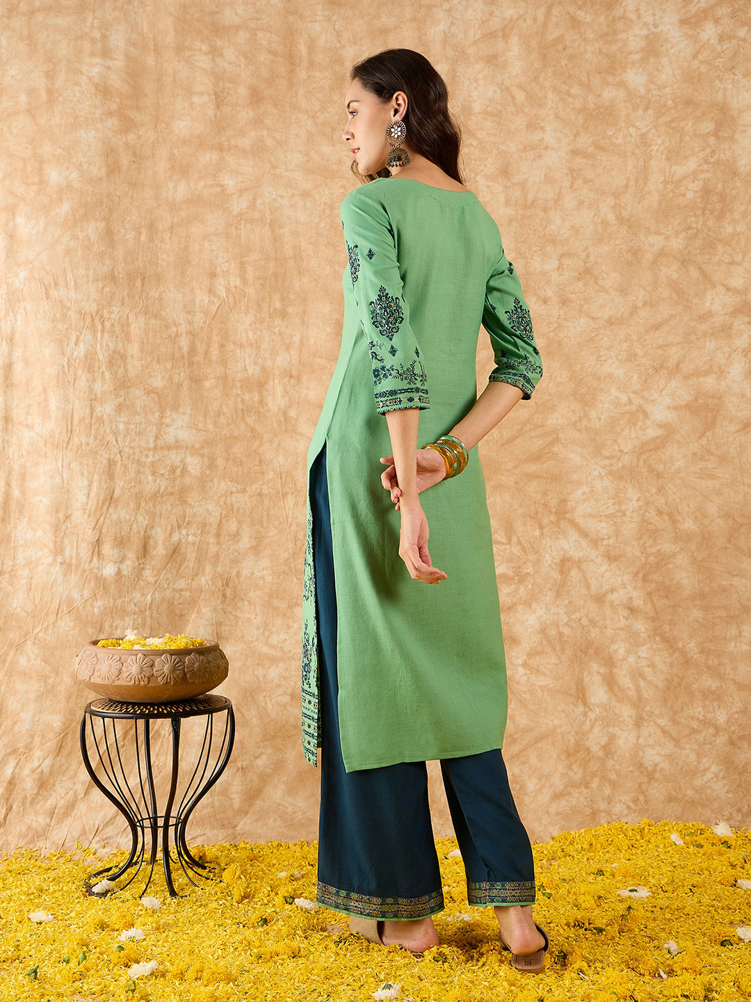 Indo Era Green Foil Printed Straight Kurta With Palazzo Set