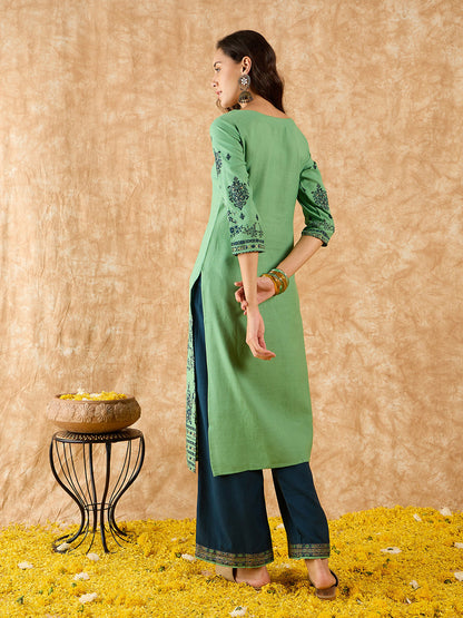 Indo Era Green Foil Printed Straight Kurta With Palazzo Set