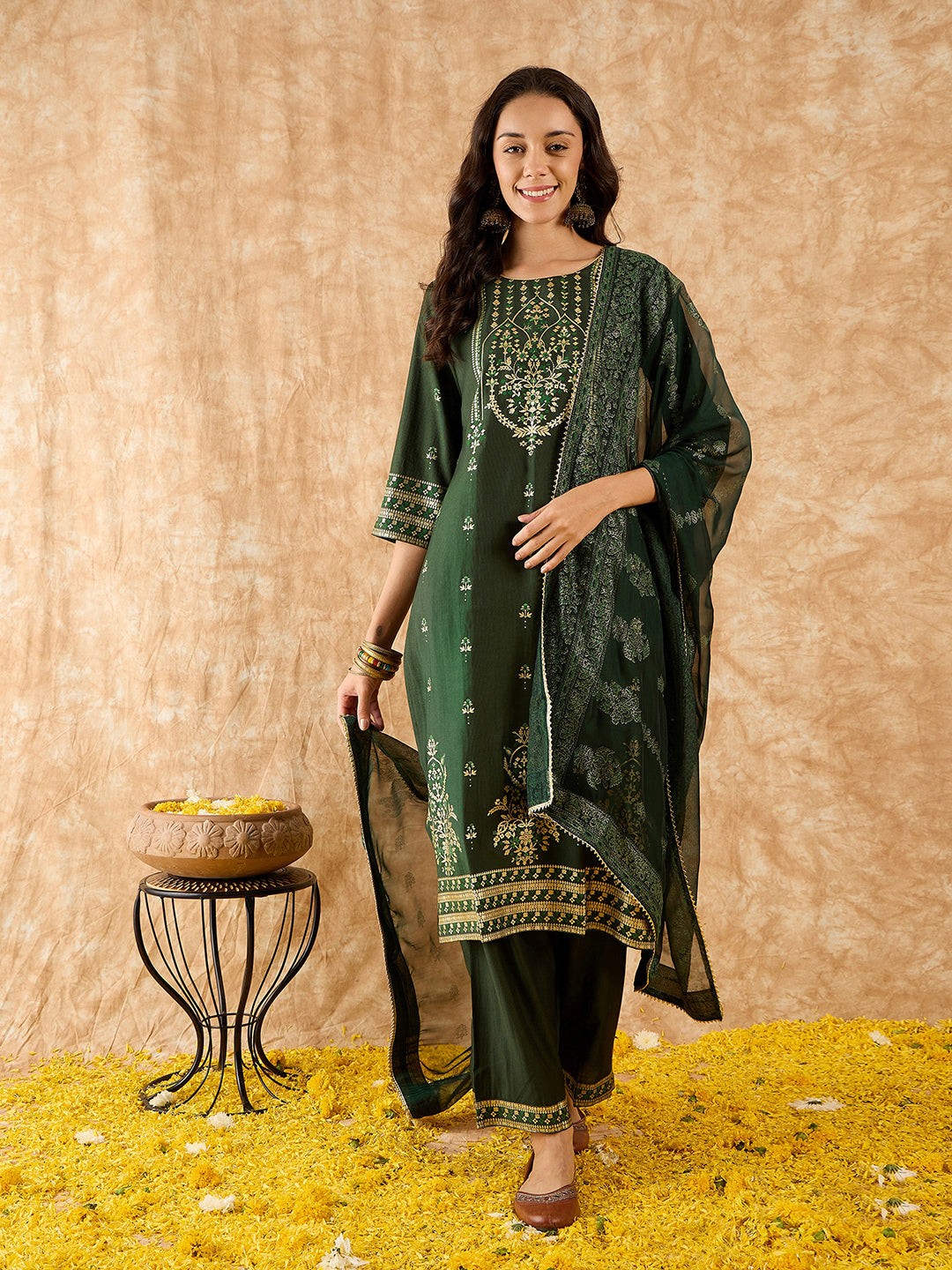 Indo Era Green Printed Straight Kurta Palazzos With Dupatta Set