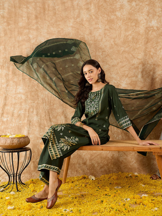 Indo Era Green Printed Straight Kurta Palazzos With Dupatta Set