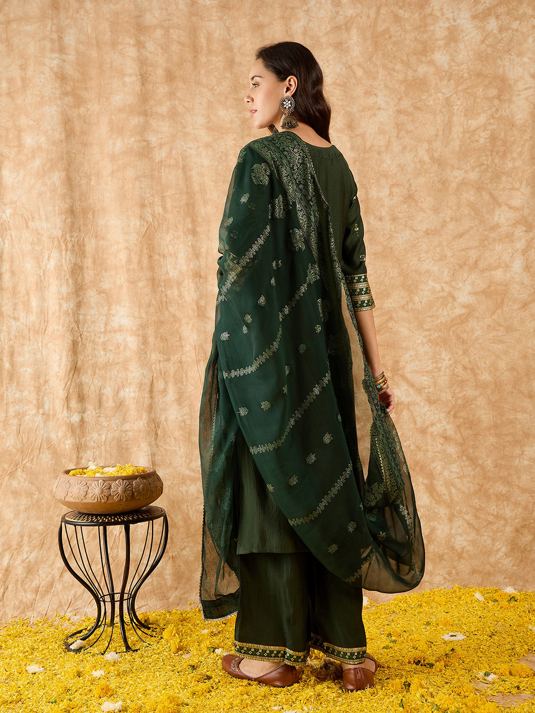 Indo Era Green Printed Straight Kurta Palazzos With Dupatta Set