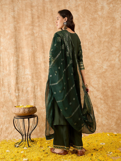 Indo Era Green Printed Straight Kurta Palazzos With Dupatta Set