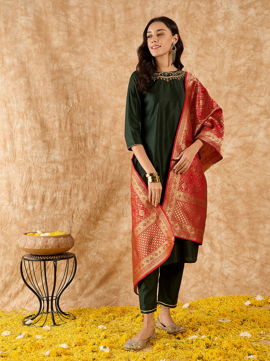 Indo Era Green Embroidered Straight Kurta Palazzo With Dupatta Set