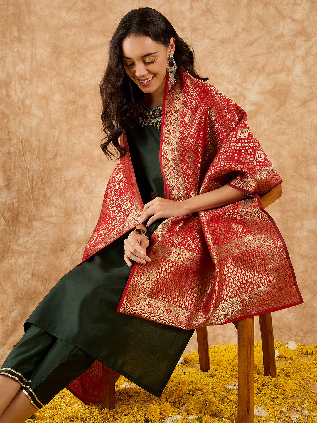 Indo Era Green Embroidered Straight Kurta Palazzo With Dupatta Set
