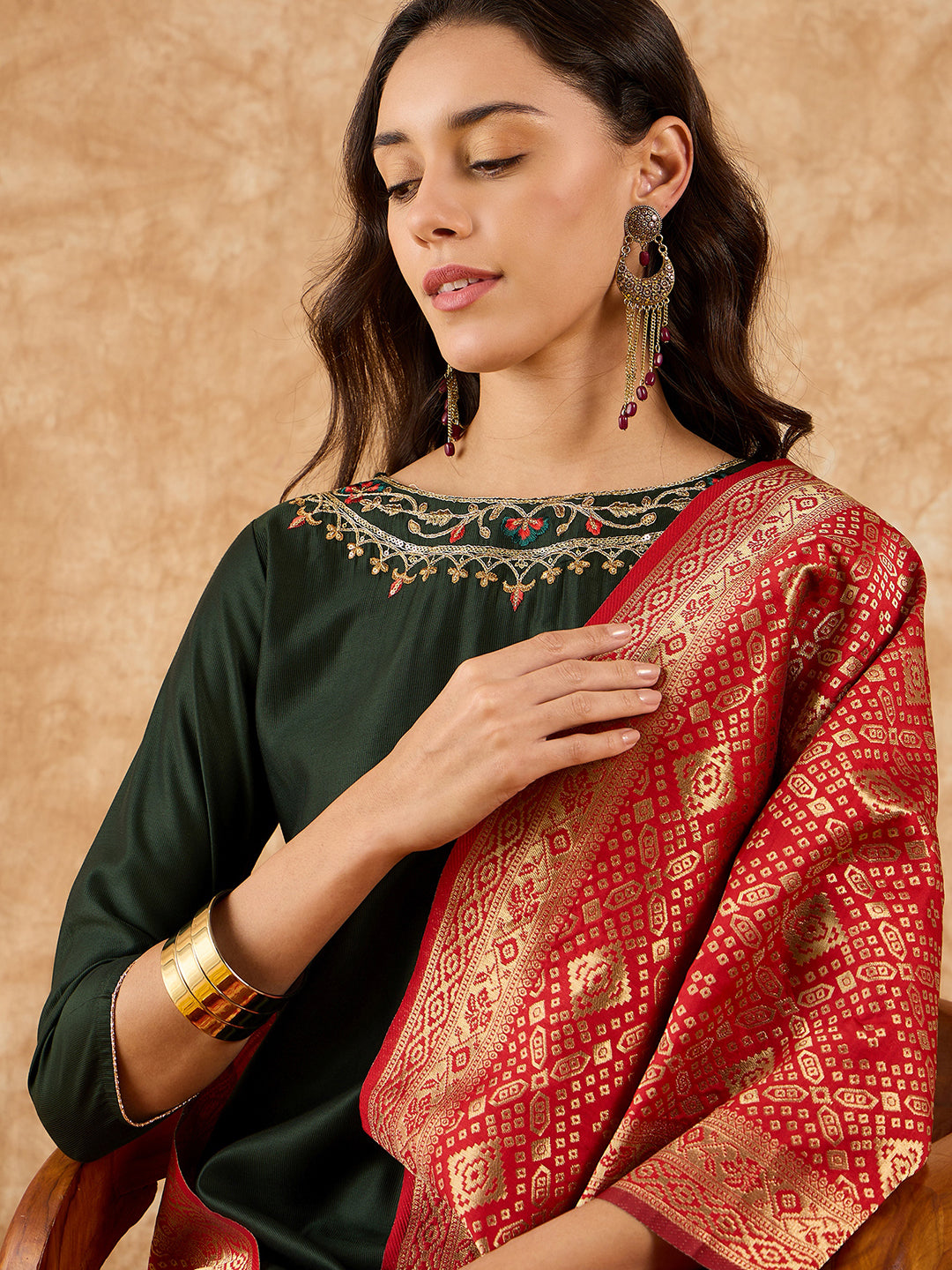 Indo Era Green Embroidered Straight Kurta Palazzo With Dupatta Set