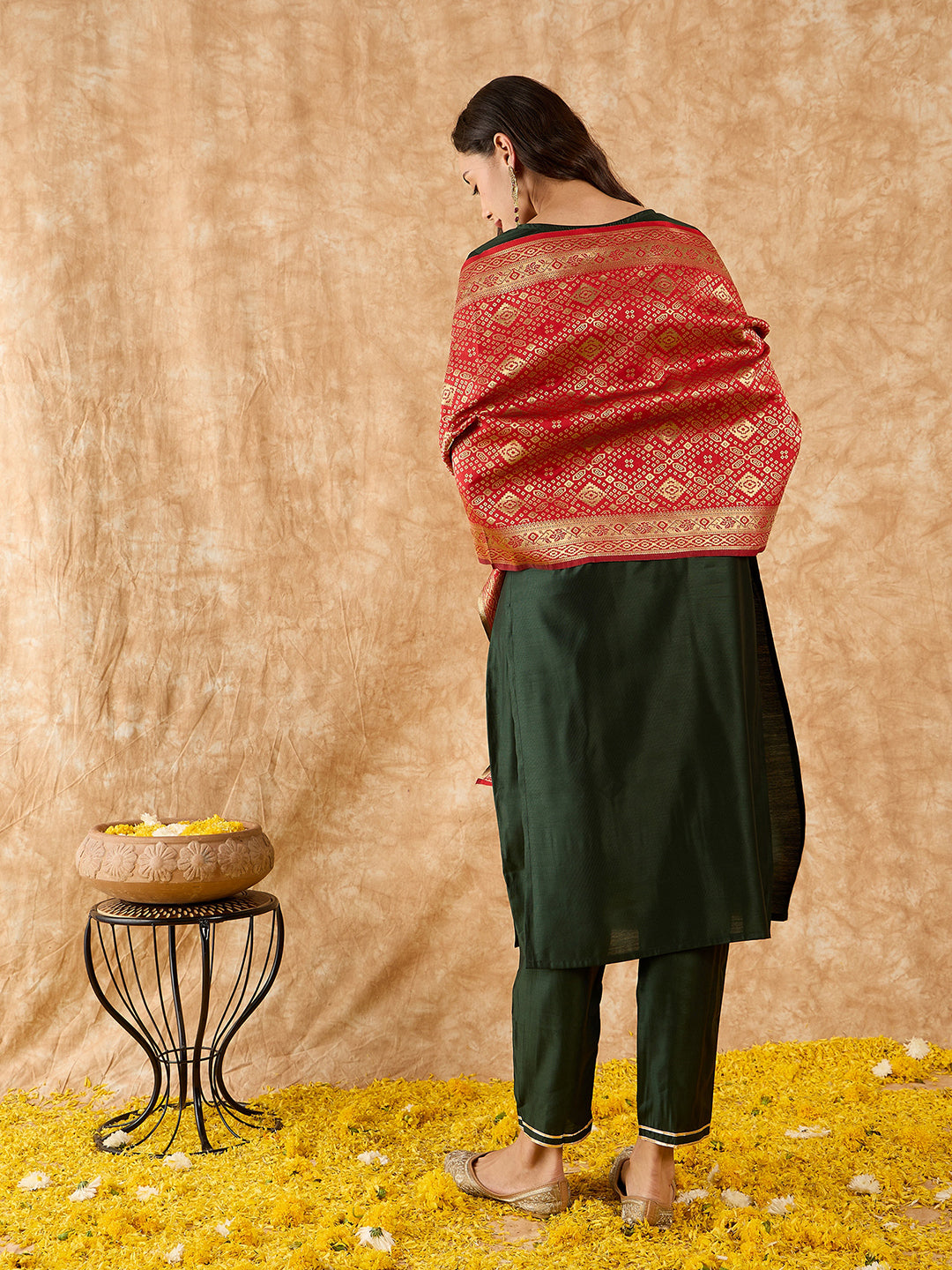 Indo Era Green Embroidered Straight Kurta Palazzo With Dupatta Set
