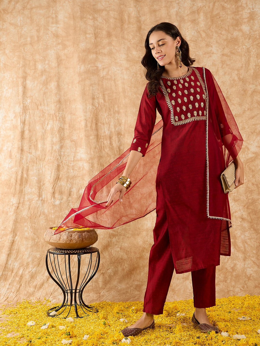 Indo Era Maroon Embroidered Straight Kurta Palazzo With Dupatta Set