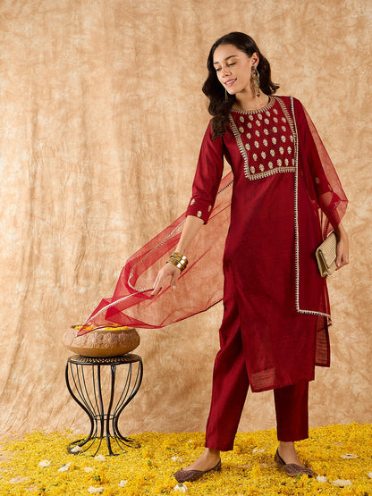 Indo Era Maroon Embroidered Straight Kurta Palazzo With Dupatta Set