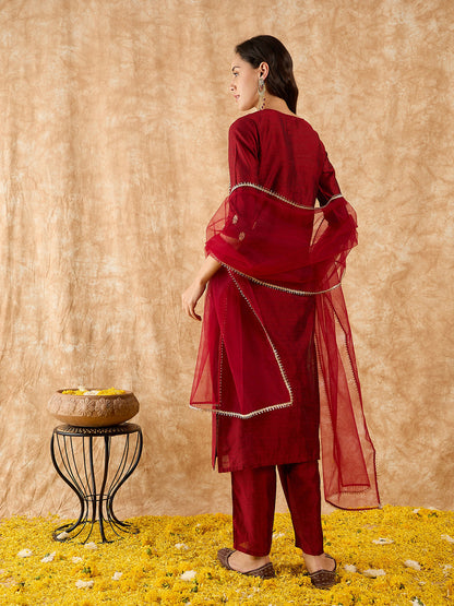 Indo Era Maroon Embroidered Straight Kurta Palazzo With Dupatta Set