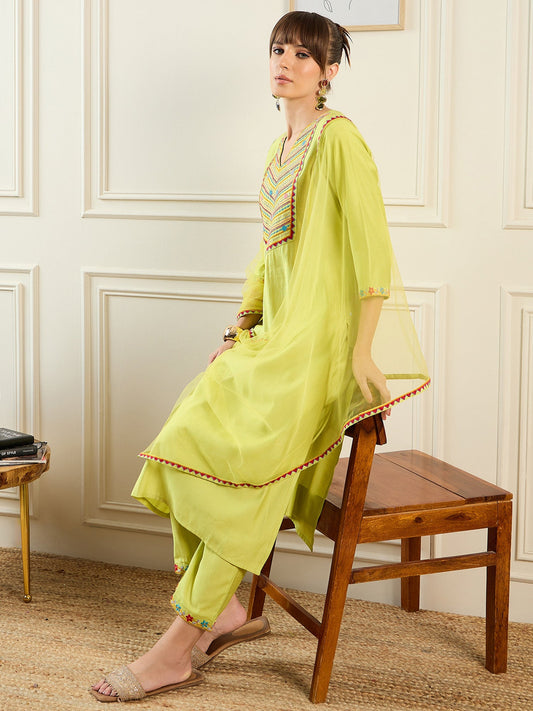 Indo Era Green Embroidered Straight Kurta Trousers With Dupatta  Set