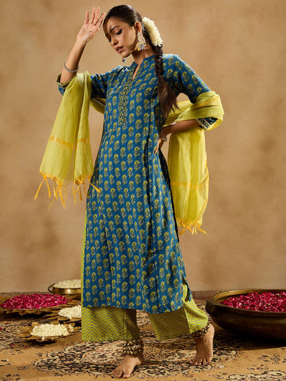 Indo Era Blue Printed Straight Kurta Palazzo With Dupatta Set