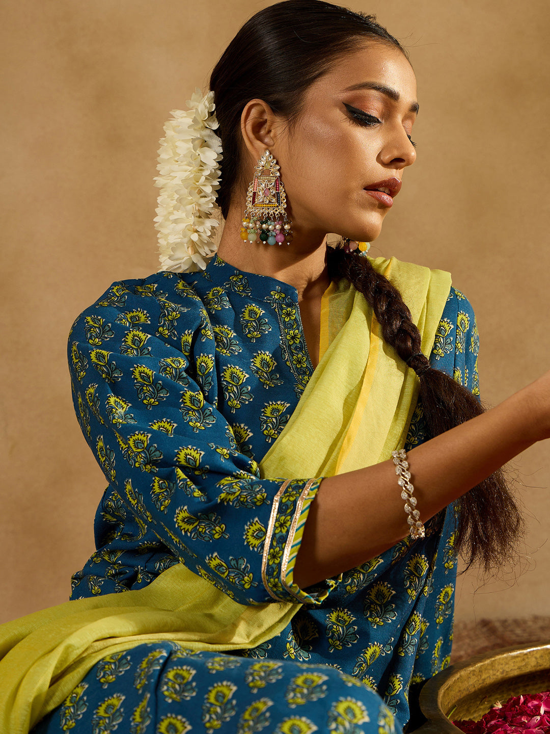 Indo Era Blue Printed Straight Kurta Palazzo With Dupatta Set