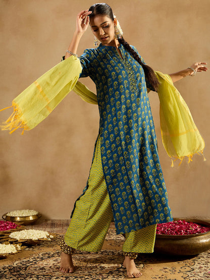Indo Era Blue Printed Straight Kurta Palazzo With Dupatta Set