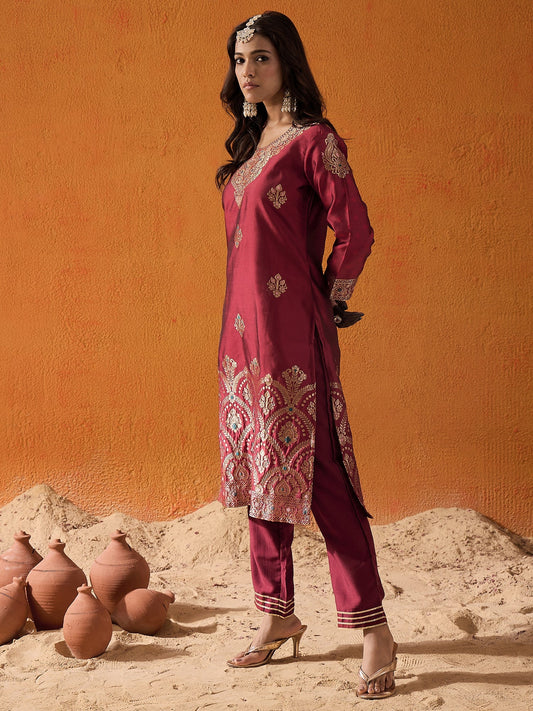 Maroon Woven Design Straight Kurta Palazzos Set