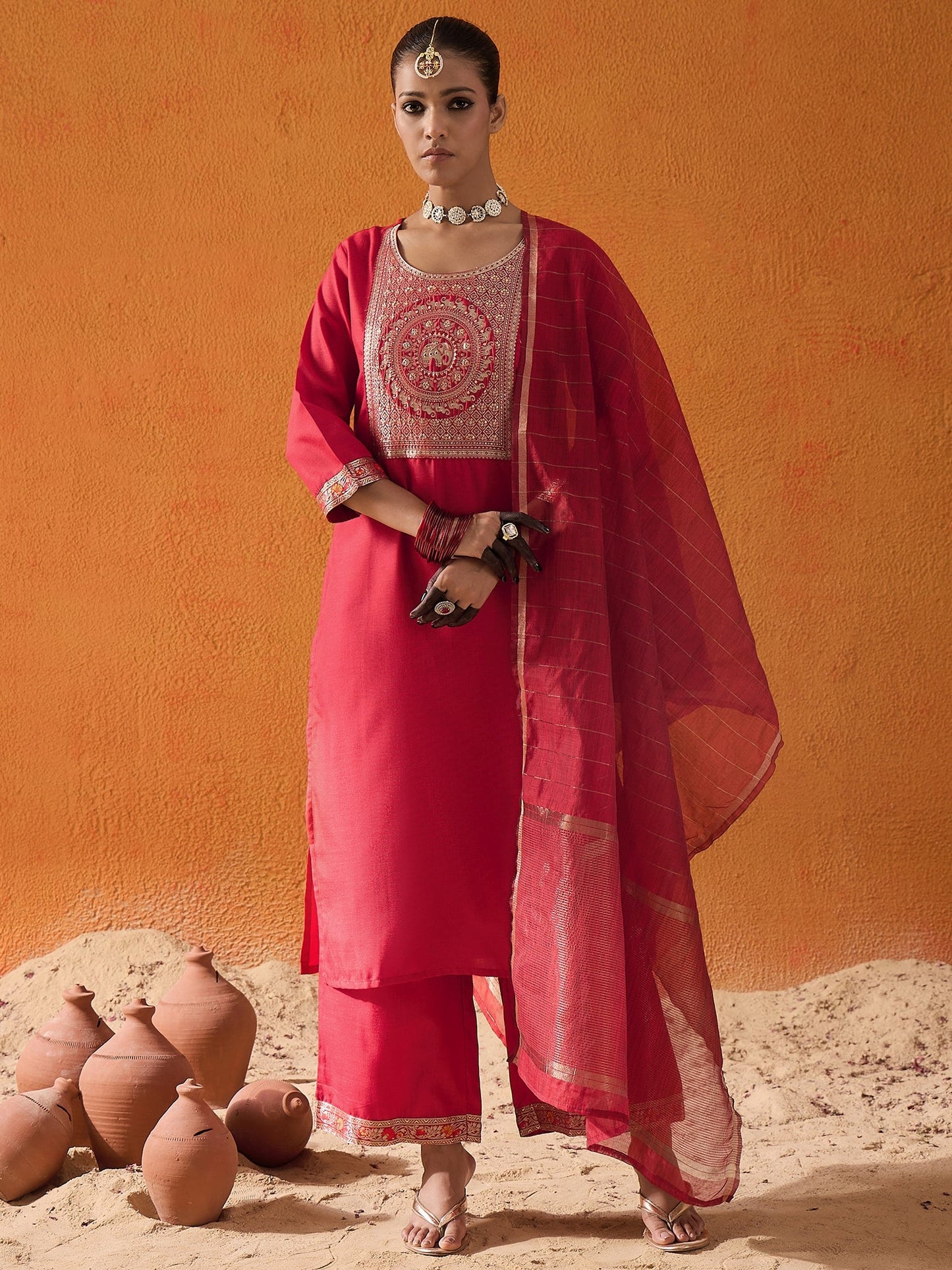 Maroon Yoke Design Straight Kurta Palazzos With Dupatta Set