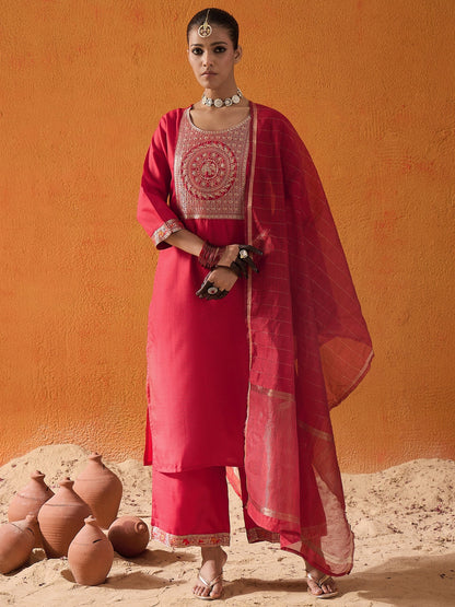 Maroon Yoke Design Straight Kurta Palazzos With Dupatta Set