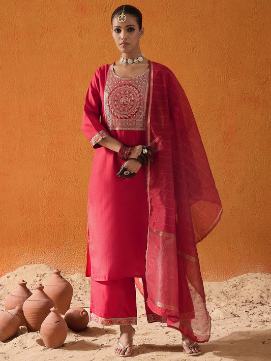 Maroon Yoke Design Straight Kurta Palazzos With Dupatta Set