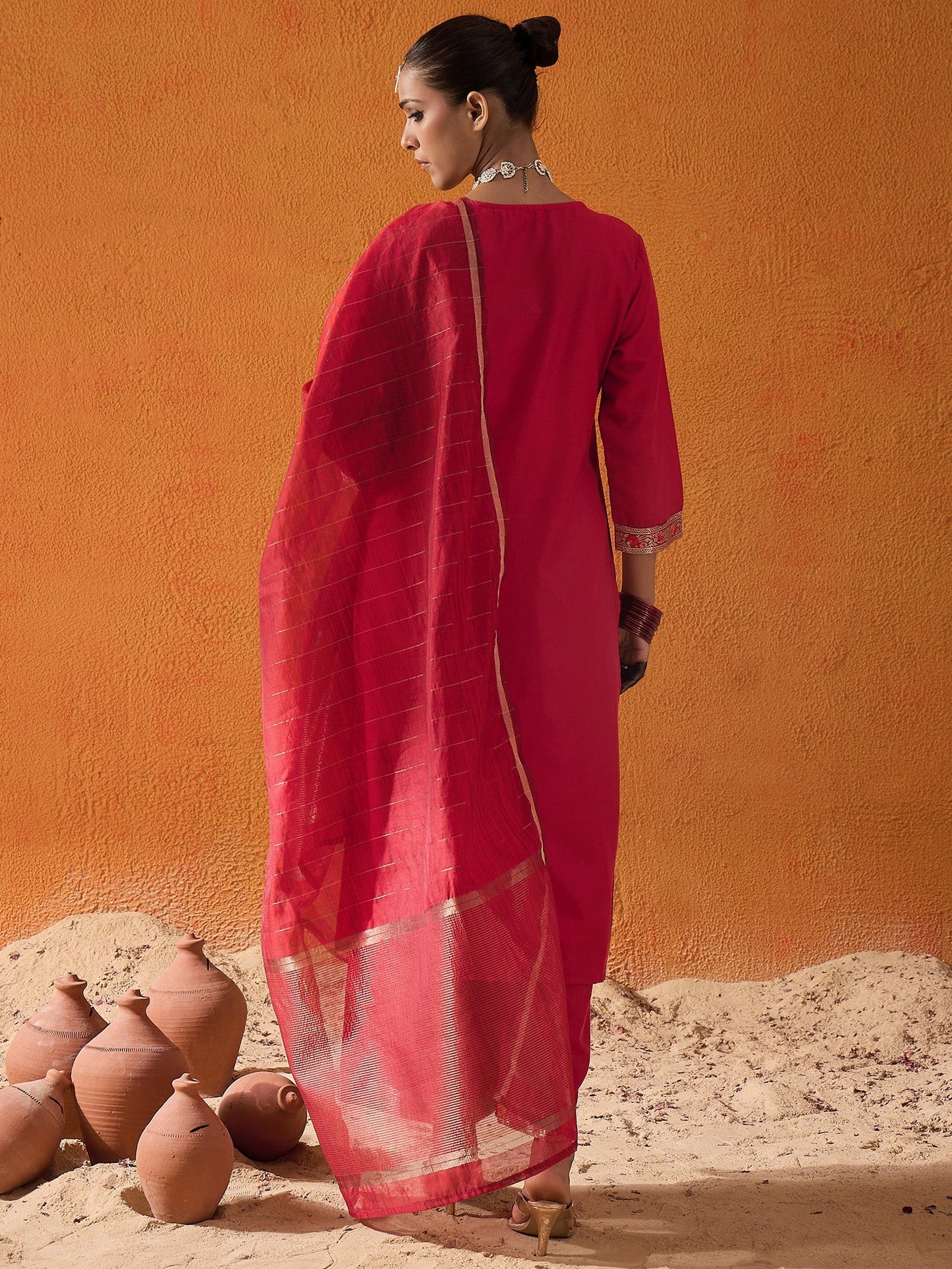 Maroon Yoke Design Straight Kurta Palazzos With Dupatta Set