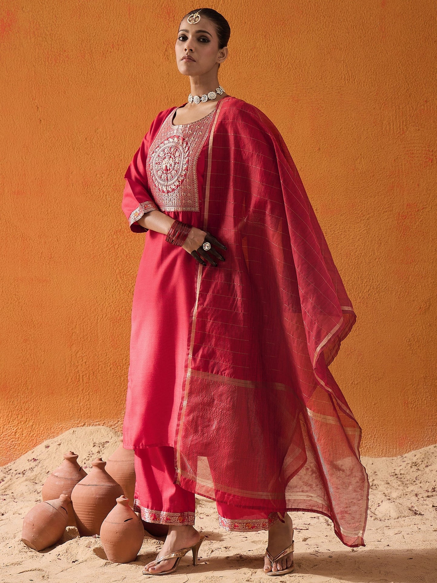 Maroon Yoke Design Straight Kurta Palazzos With Dupatta Set
