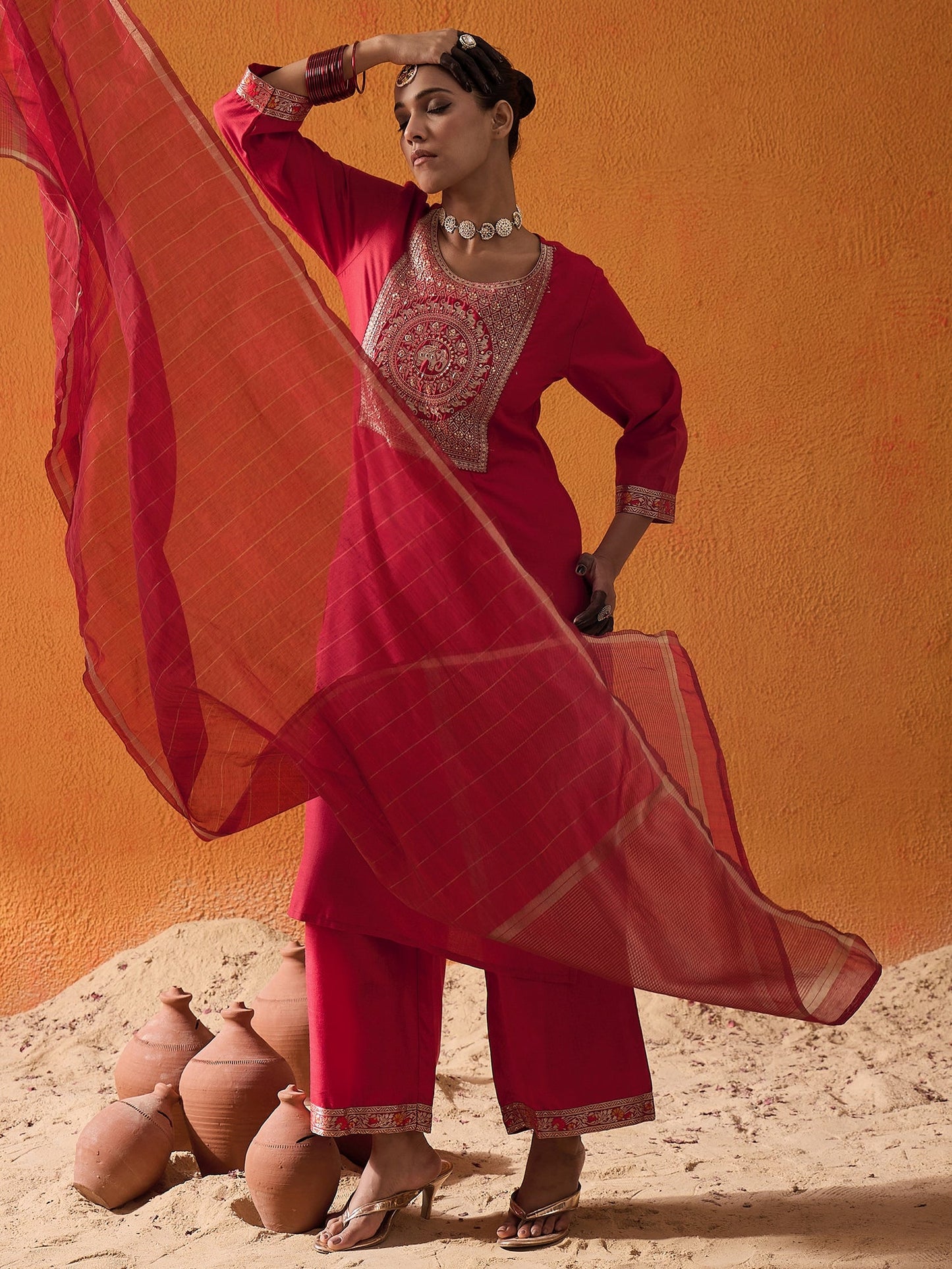 Maroon Yoke Design Straight Kurta Palazzos With Dupatta Set