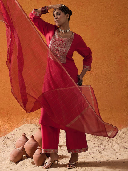 Maroon Yoke Design Straight Kurta Palazzos With Dupatta Set