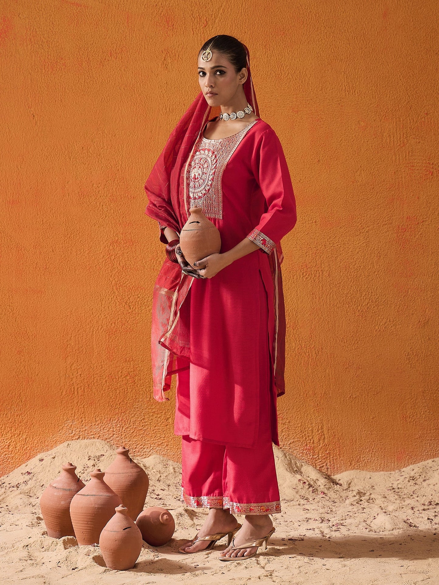 Maroon Yoke Design Straight Kurta Palazzos With Dupatta Set