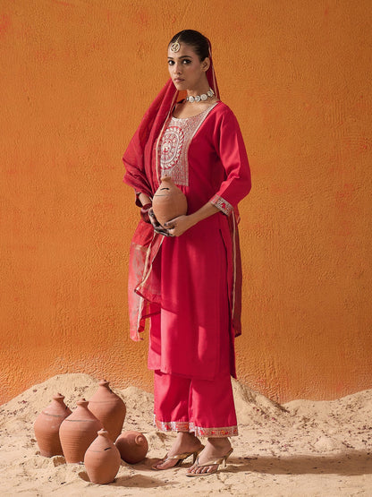 Maroon Yoke Design Straight Kurta Palazzos With Dupatta Set