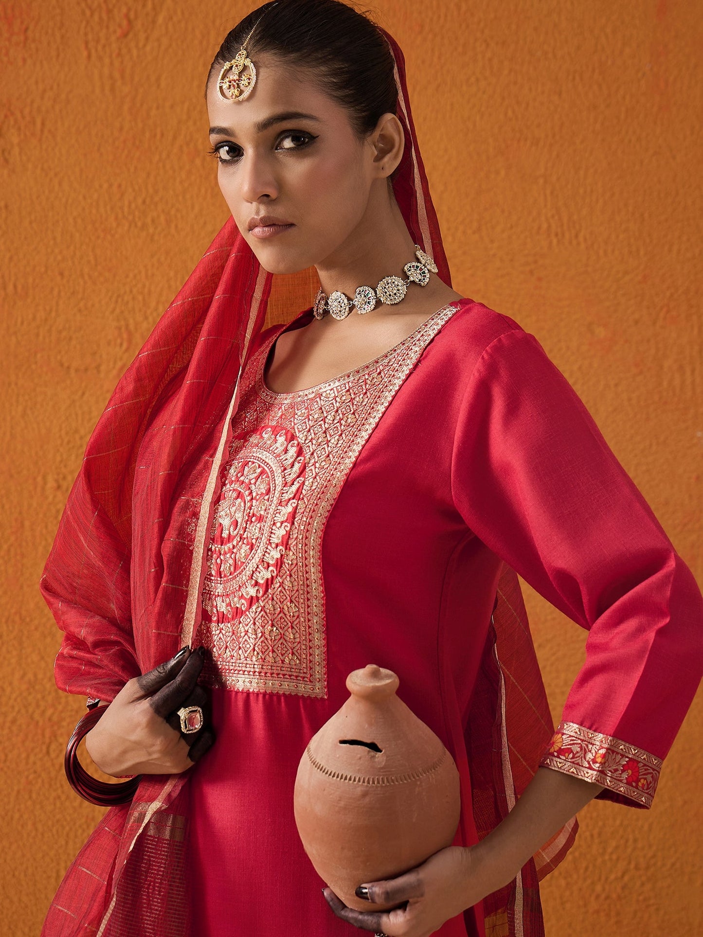 Maroon Yoke Design Straight Kurta Palazzos With Dupatta Set