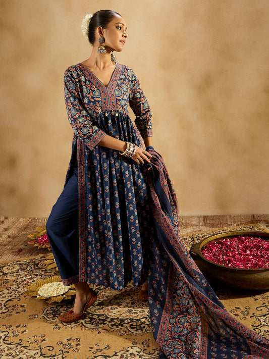 Indo Era Blue Printed A-Line Kurta Trousers With Dupatta set