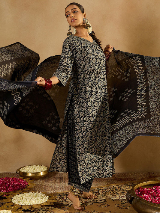 Indo Era Black Printed Straight Kurta Trousers With Dupatta set