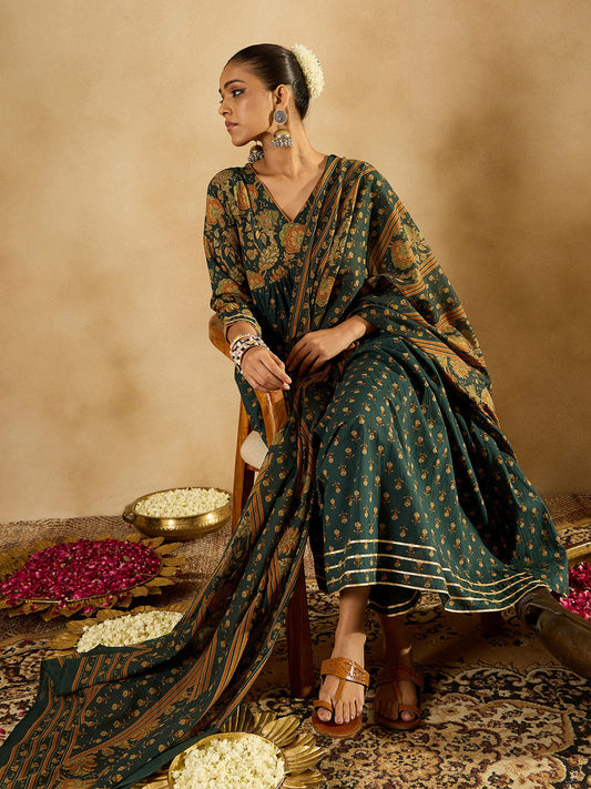 Indo Era Green Printed A-Line Kurta Trousers With Dupatta set