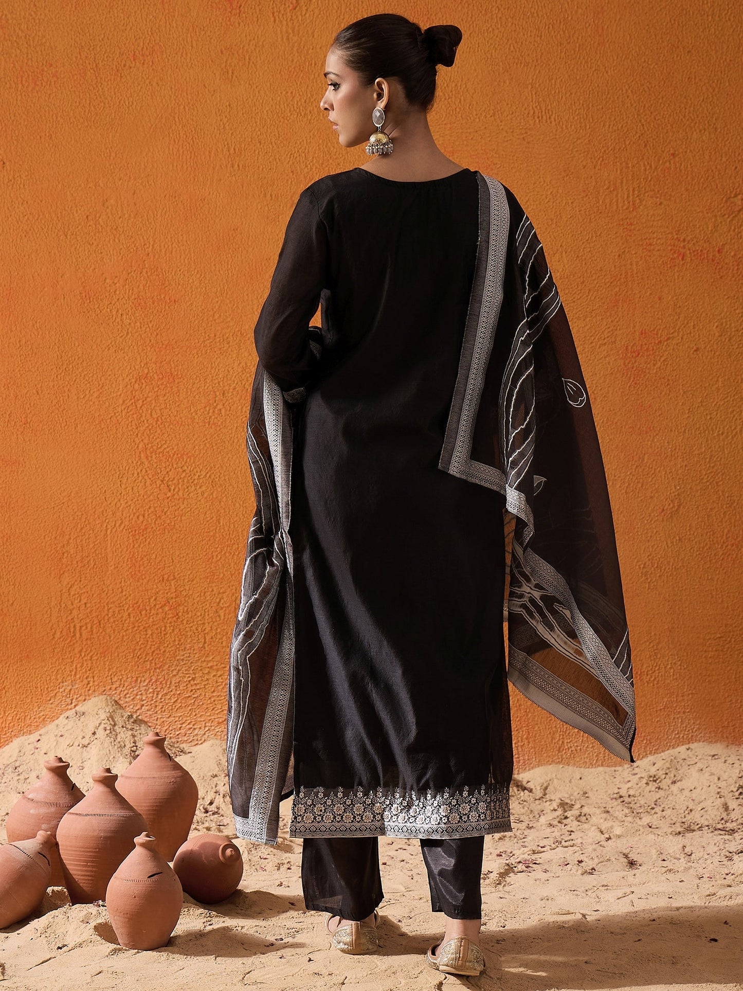 Indo Era Black Woven Design Straight Kurta Trousers set