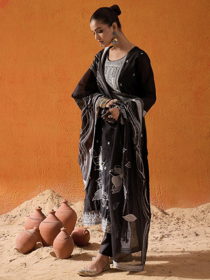 Indo Era Black Woven Design Straight Kurta Trousers set
