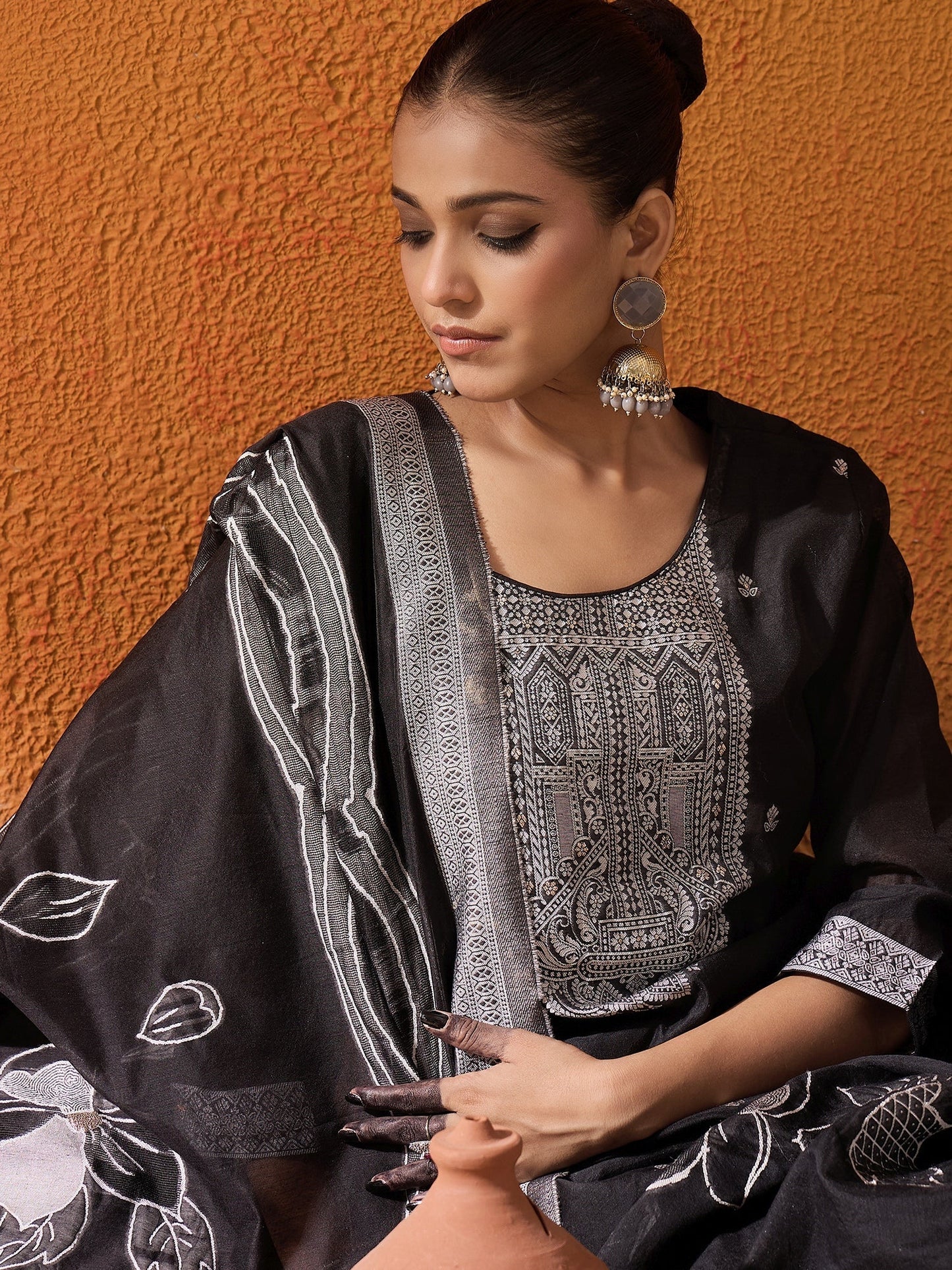 Indo Era Black Woven Design Straight Kurta Trousers set