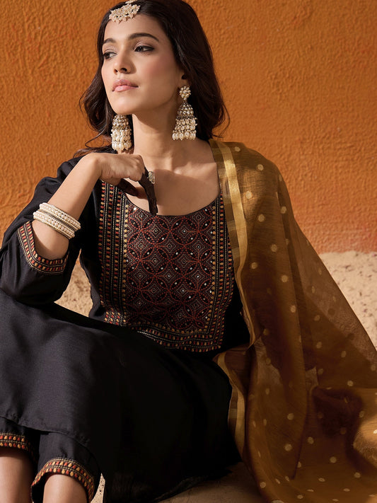 Indo Era Black Embroidered Straight Kurta Trousers With Dupatta  Set