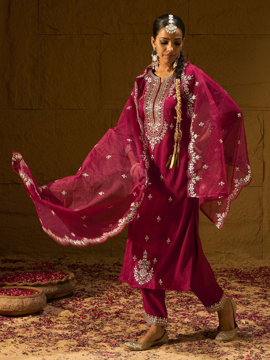Indo Era Maroon Embroidered Straight Kurta Trousers With Dupatta set