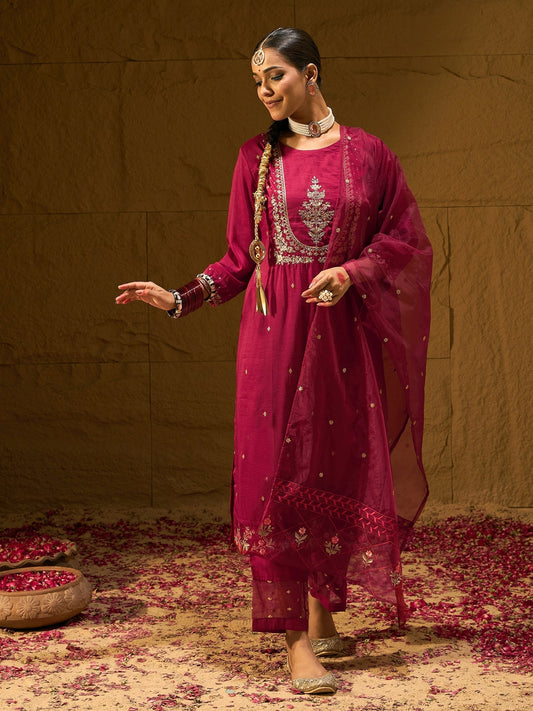 Maroon Embroidered Straight Kurta Trousers With Dupatta set