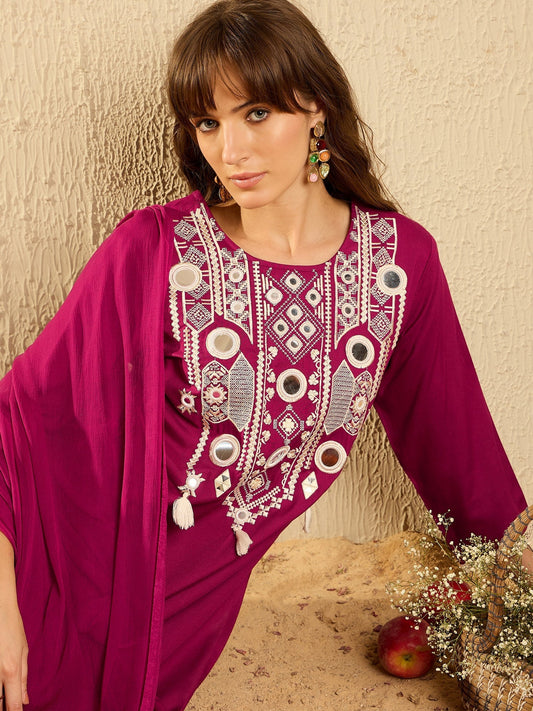 Indo Era Burgundy Embroidered Straight Kurta Trousers With Dupatta set