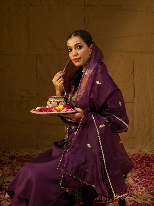 Indo Era Burgundy Embroidered Straight Kurta Trousers With Dupatta set