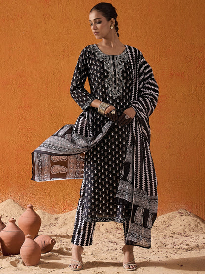 Indo Era Black Printed Straight Kurta Trousers With Dupatta set