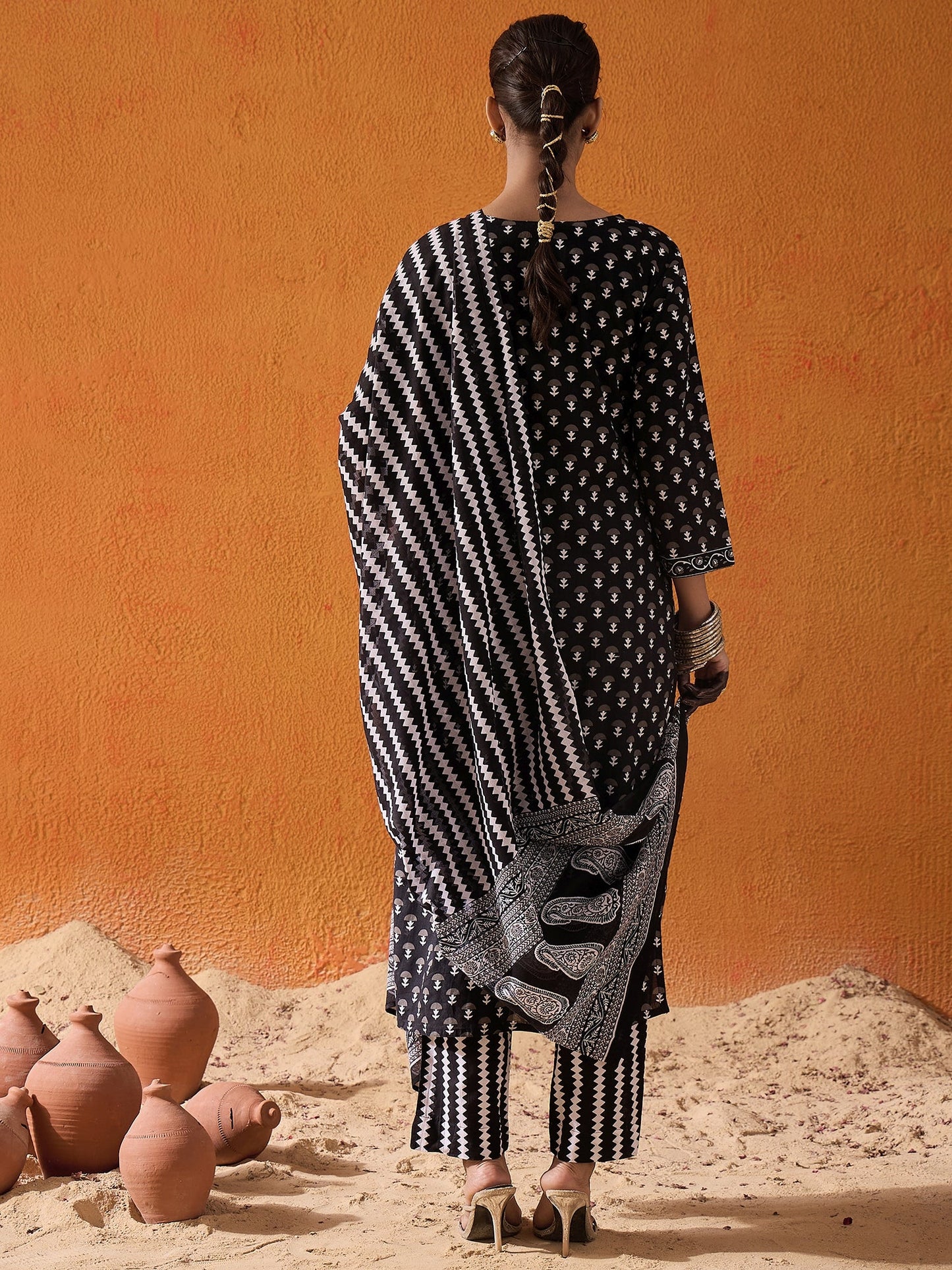 Indo Era Black Printed Straight Kurta Trousers With Dupatta set
