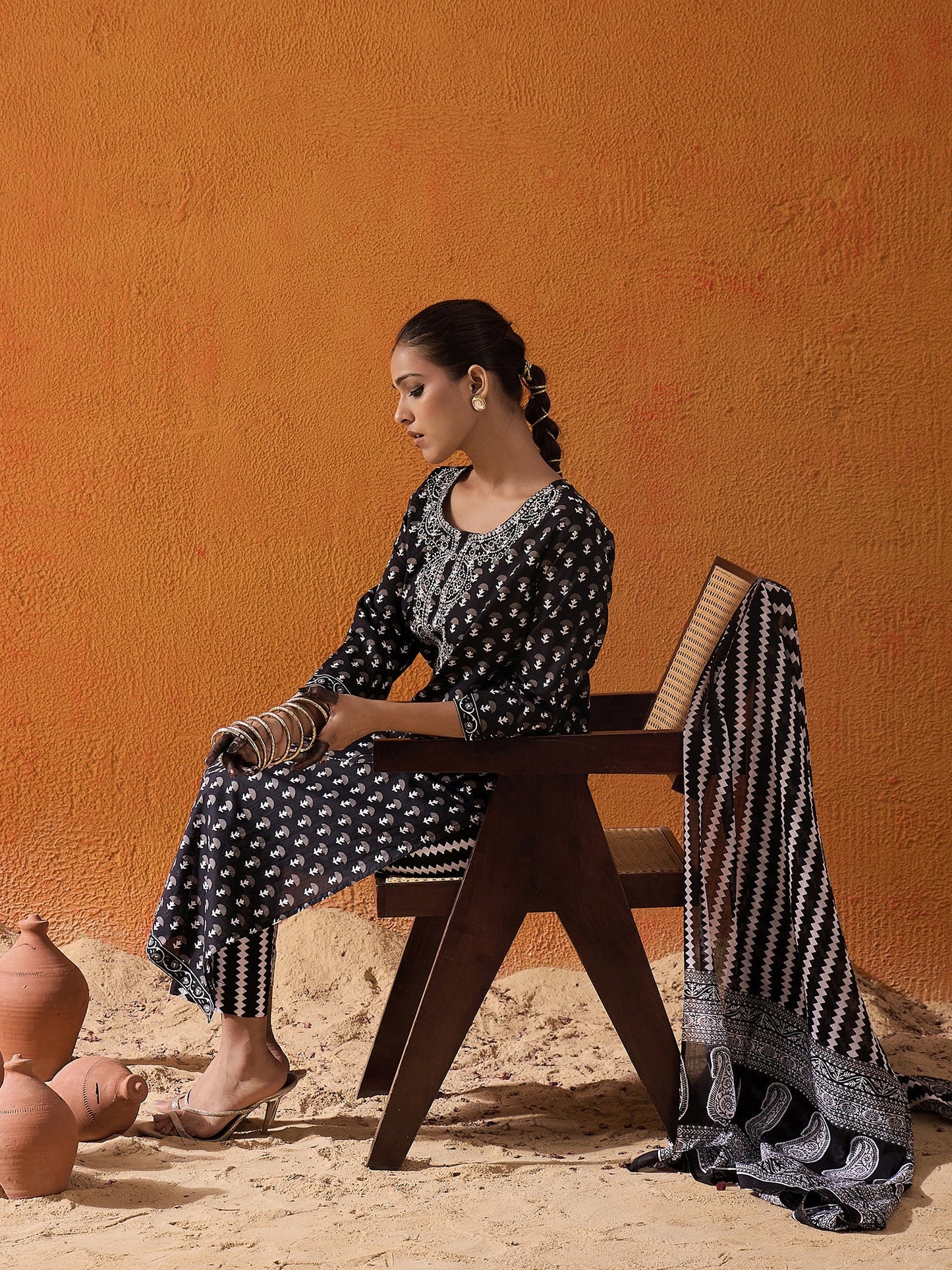 Indo Era Black Printed Straight Kurta Trousers With Dupatta set