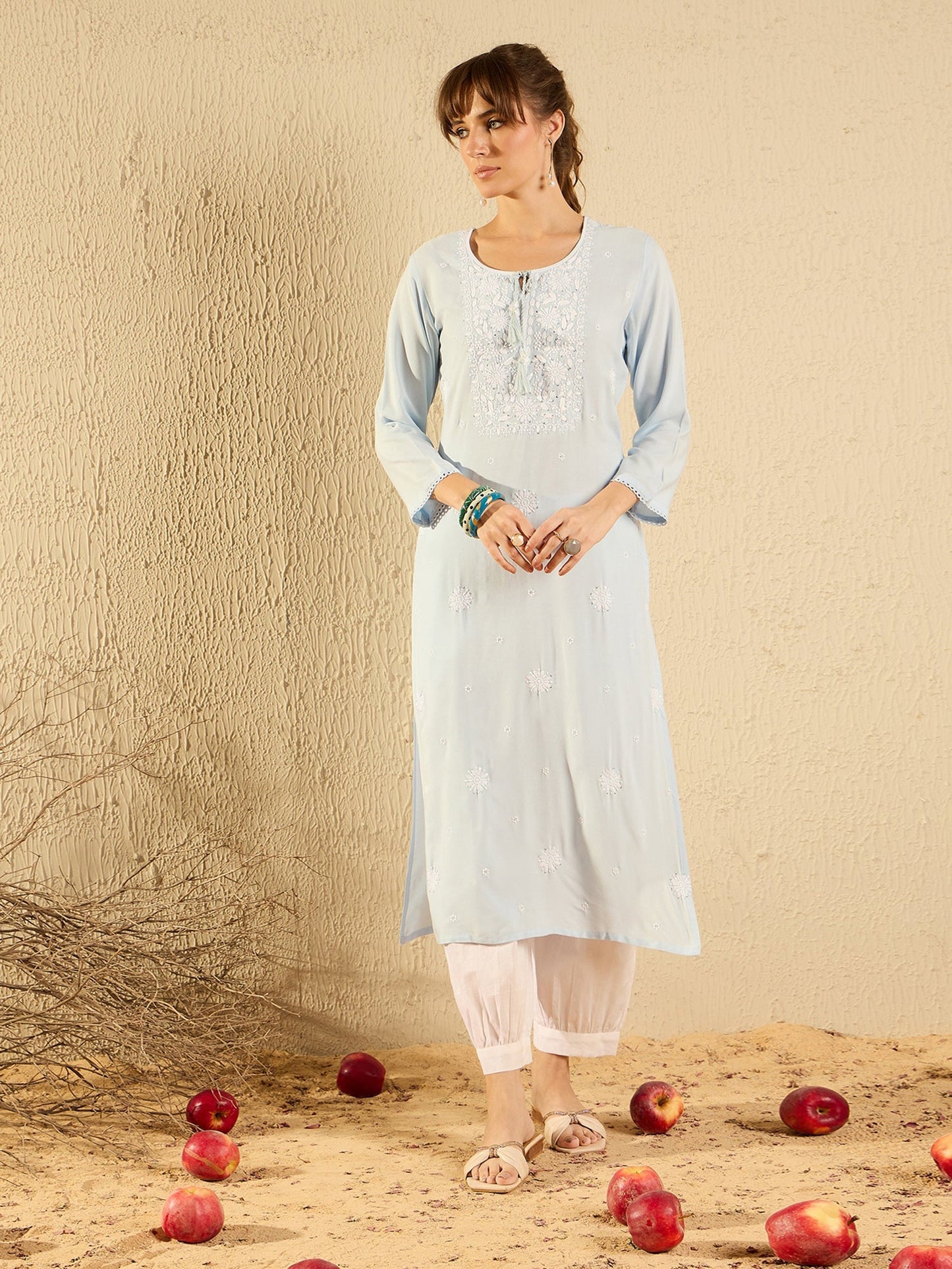 Indo Era Blue Embroidered Straight Kurtas