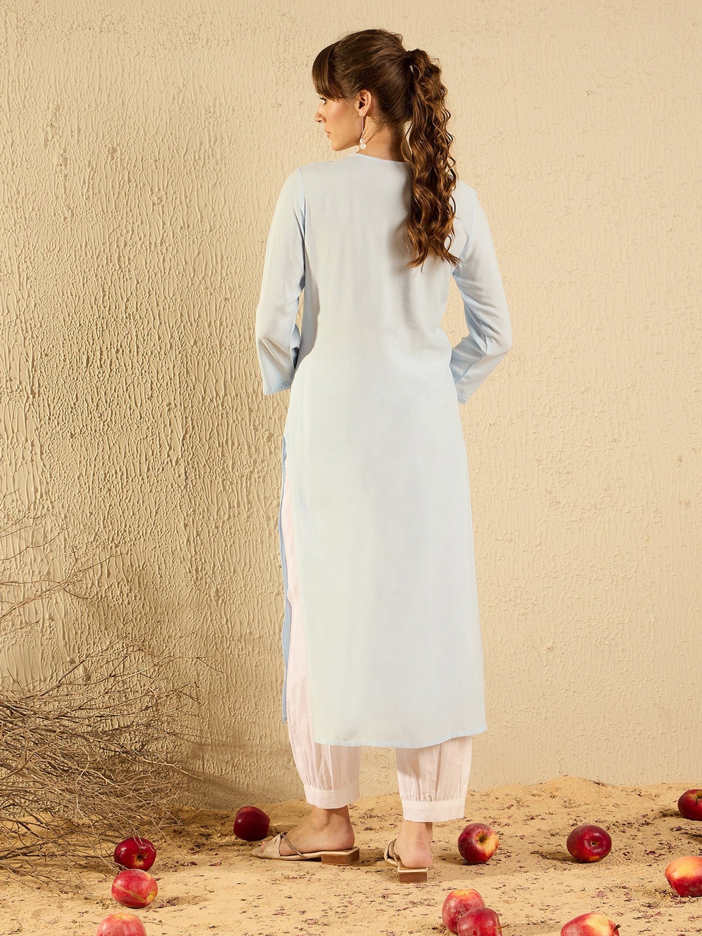 Indo Era Blue Embroidered Straight Kurtas