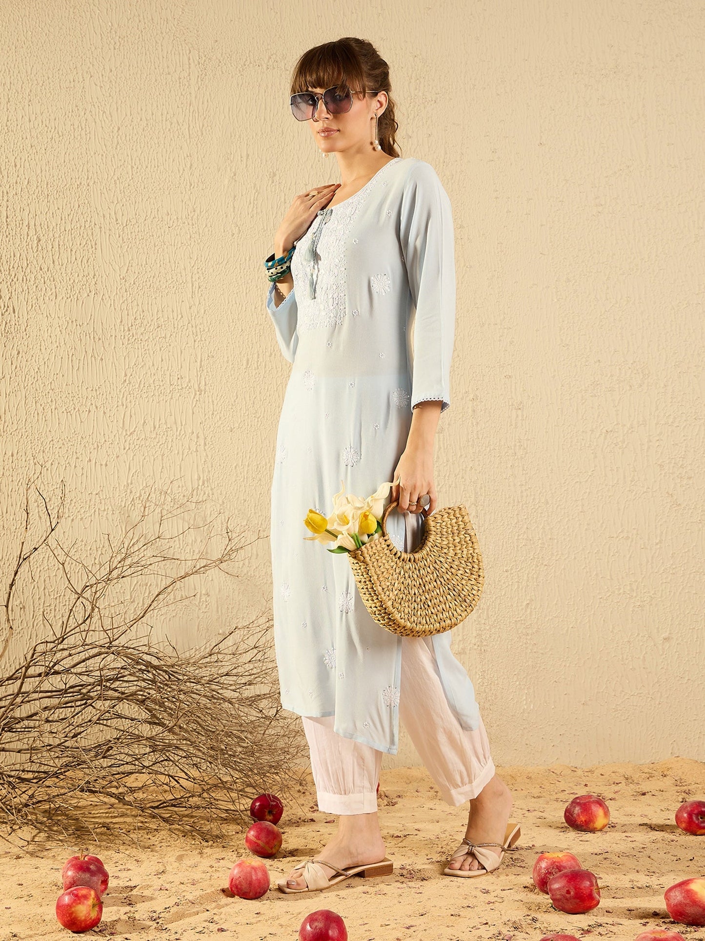 Indo Era Blue Embroidered Straight Kurtas