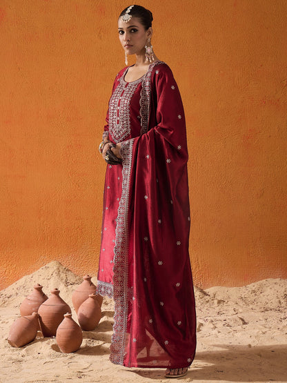 Maroon Embroidered Straight Kurta Trousers With Dupatta set
