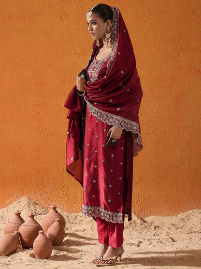 Maroon Embroidered Straight Kurta Trousers With Dupatta set