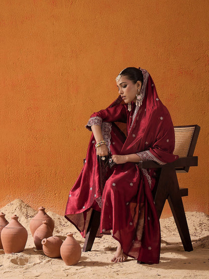 Maroon Embroidered Straight Kurta Trousers With Dupatta set