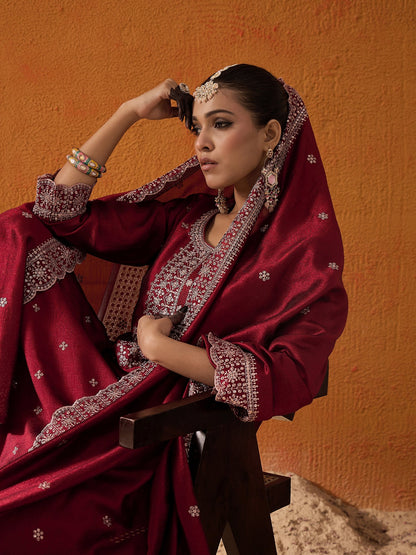 Maroon Embroidered Straight Kurta Trousers With Dupatta set